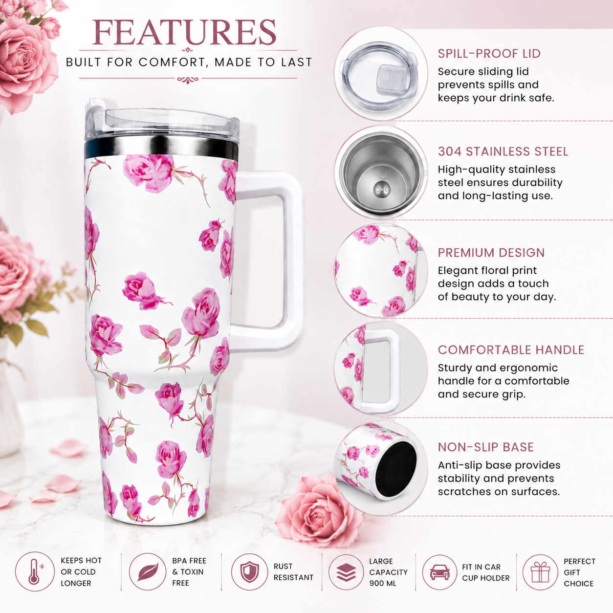 40 OZ Floral Stainless Steel Travel Mug