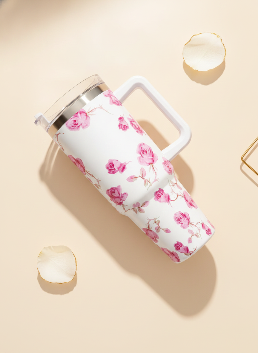 Close-up flat-lay of a 40 OZ Floral Stainless Steel Travel Mug with an ergonomic handle, featuring a pink floral design on a 