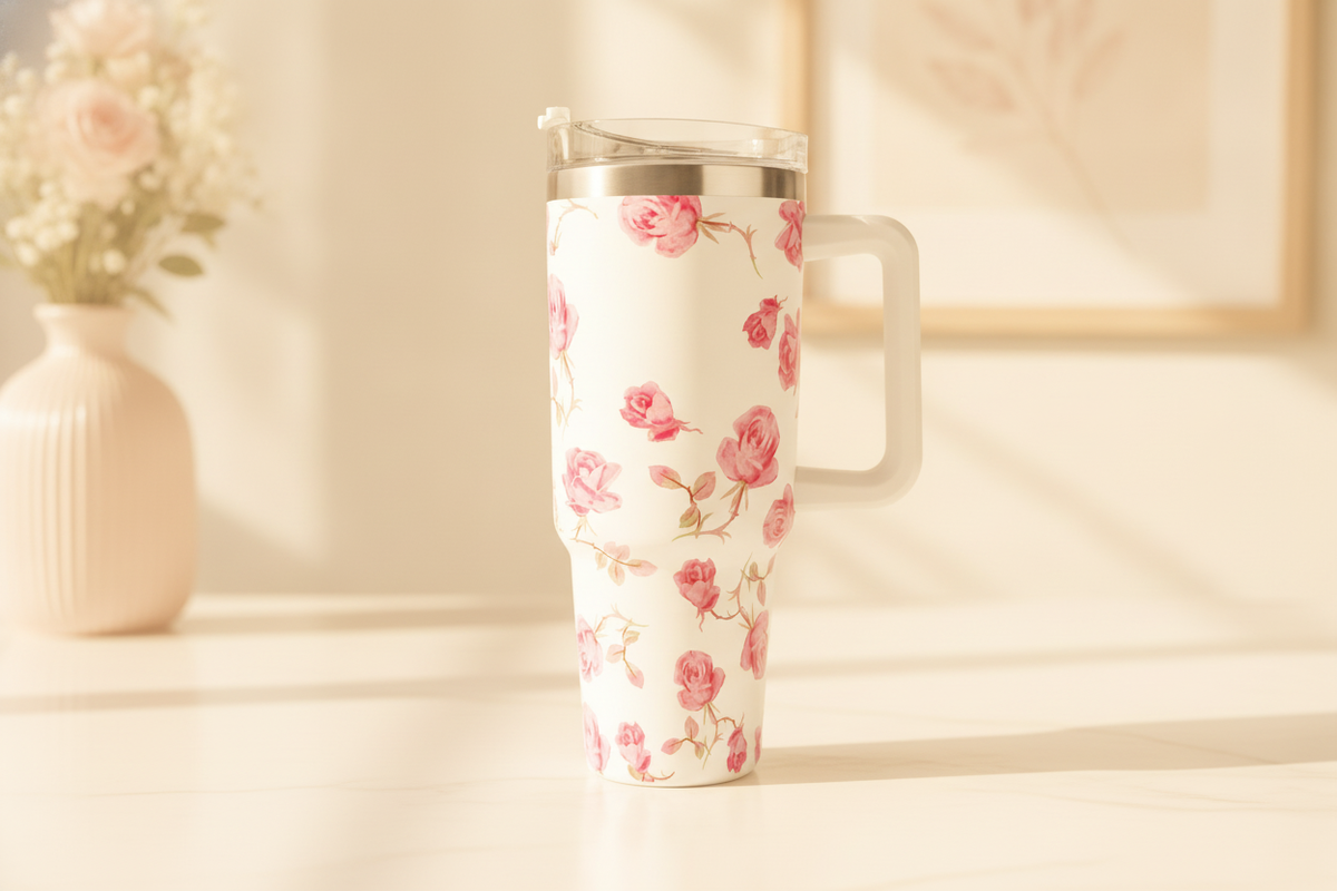 Close-up of a 40 OZ Floral Stainless Steel Travel Mug with an ergonomic handle and spill-proof lid, on a warm cream surface w